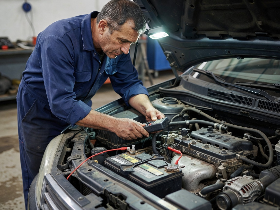 Realistisk fotografi av en tekniker som inspiserer et bilbatteri i et standard motorrom