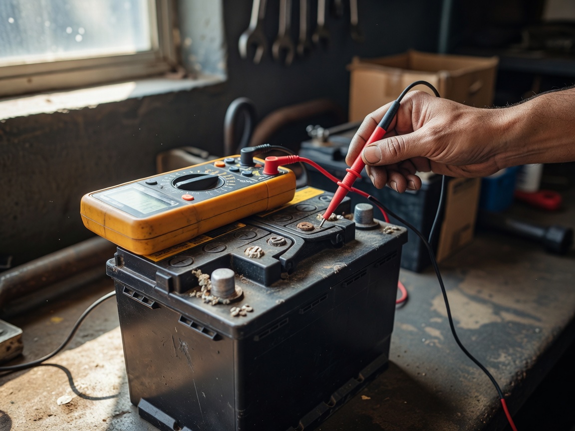 Realistisk bilde av et bilbatteri som testes med multimeter under naturlig belysning