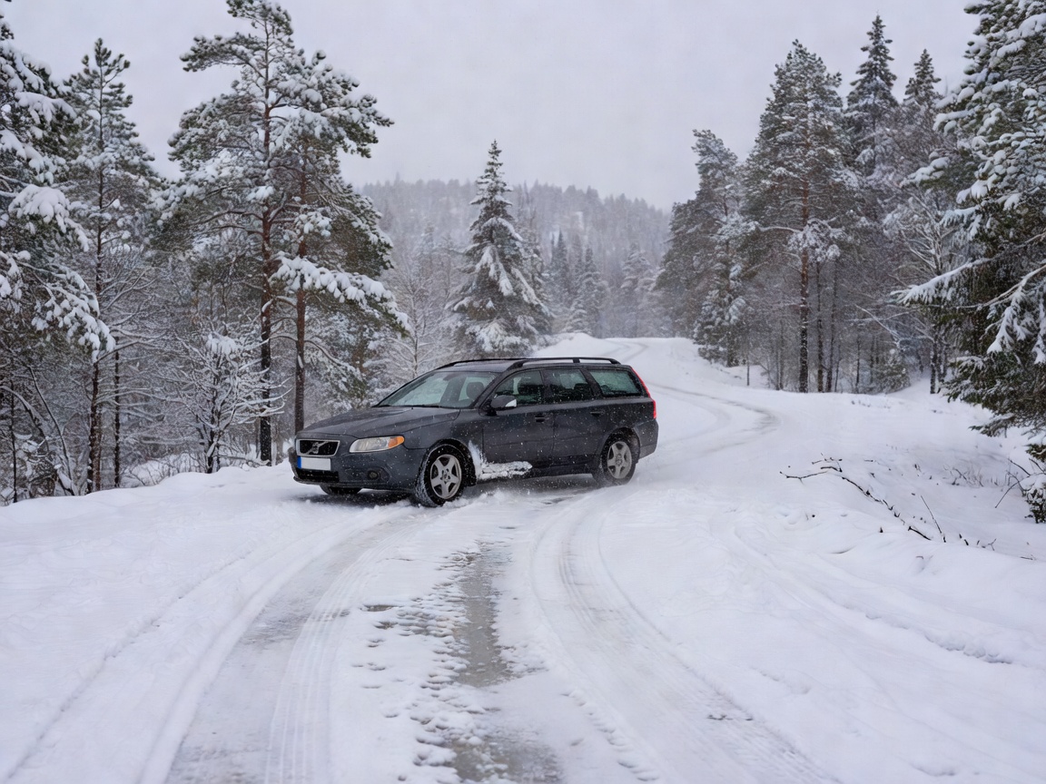 Realistisk fotografi av en vanlig bil som kjører på en snødekt norsk vei om vinteren