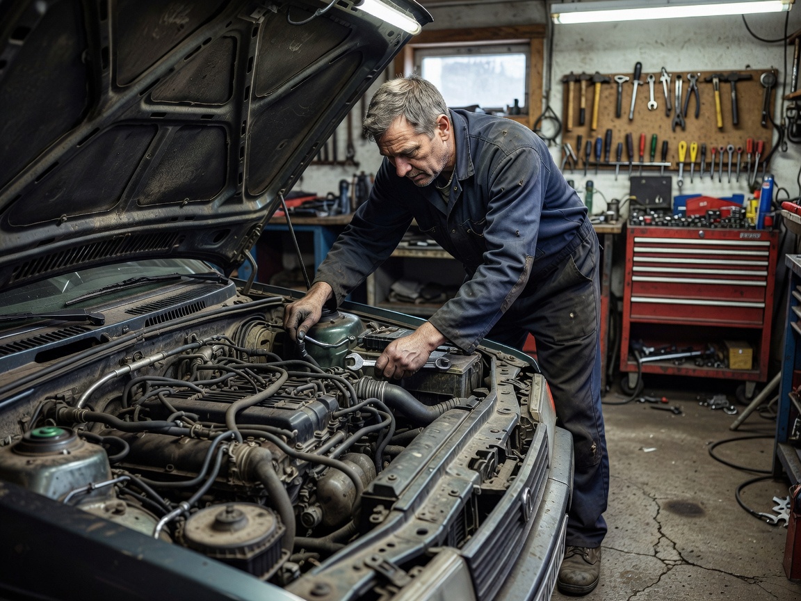Autentisk fotografi av en mekaniker som utfører en grundig motorinspeksjon i et ekte verksted
