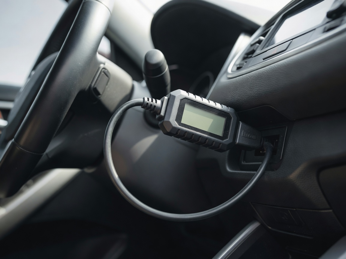 Profesjonelt bilde av et OBD-diagnoseverktøy koblet til bilens dashbord
